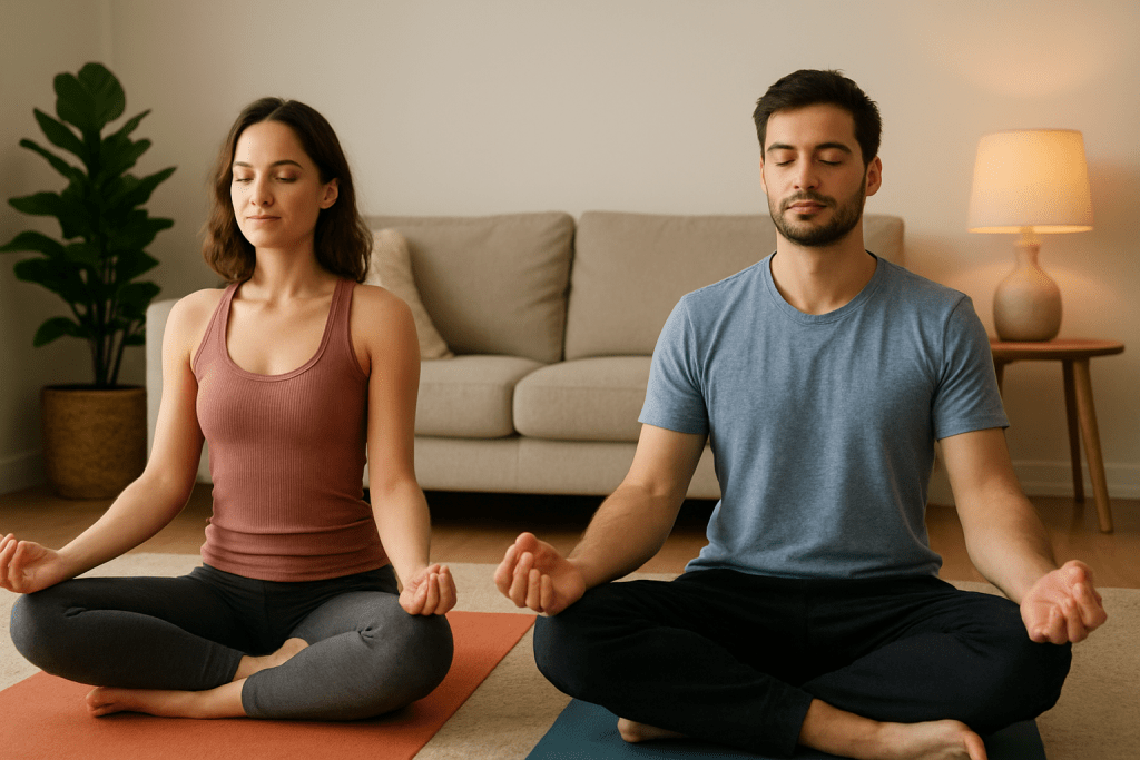 Fitness buddies practicing beginner yoga poses at home in a cozy setting