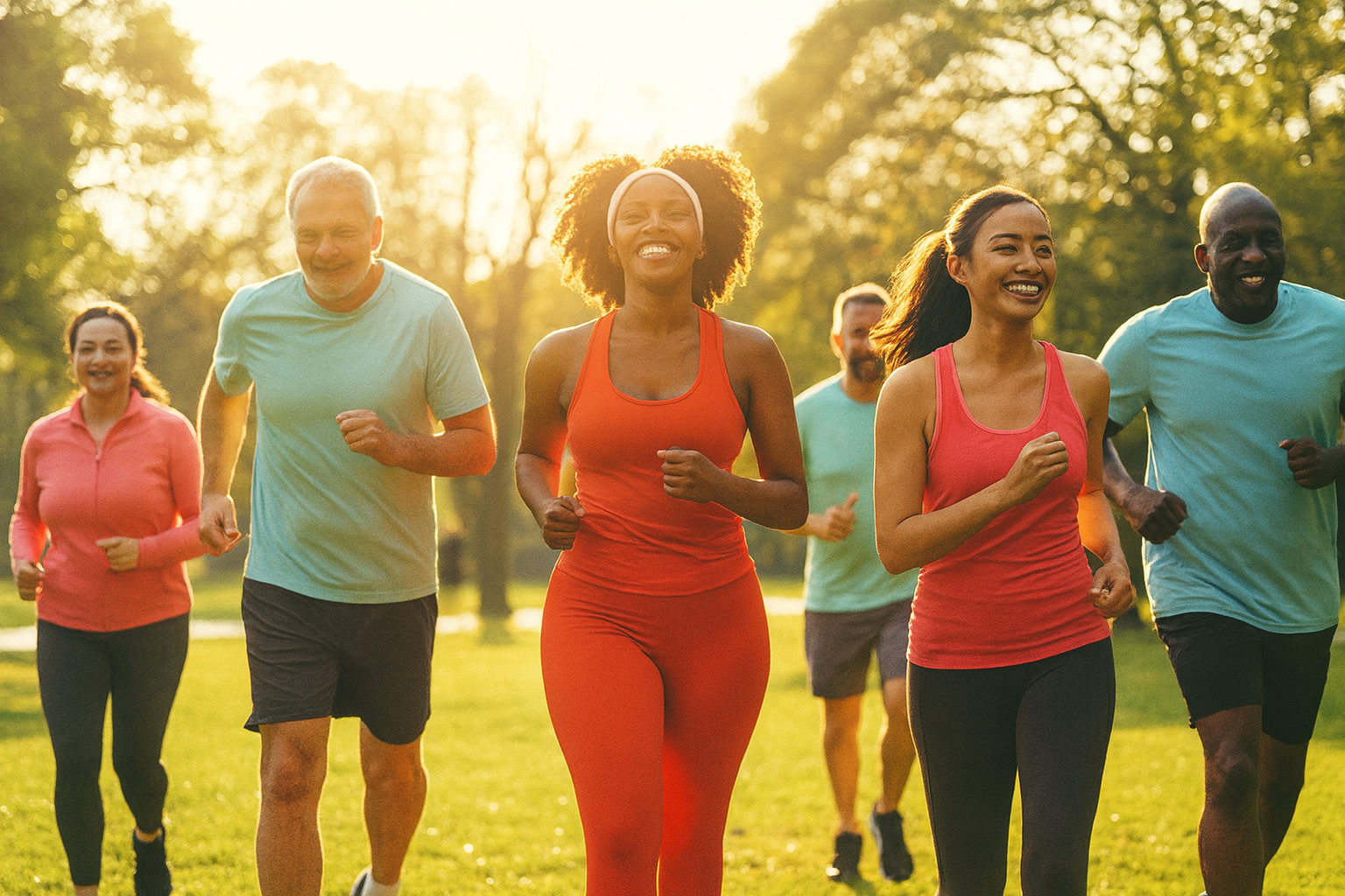 A diverse group jogging as a form of exercise to boost mood and support mental health