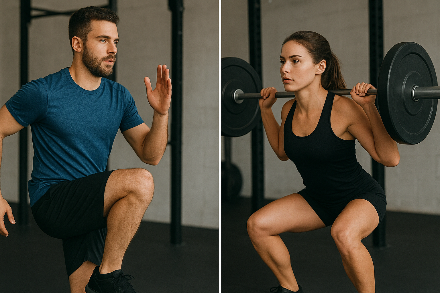 A split-scene fitness concept showing a woman performing HIIT on the left and a man lifting weights on the right
