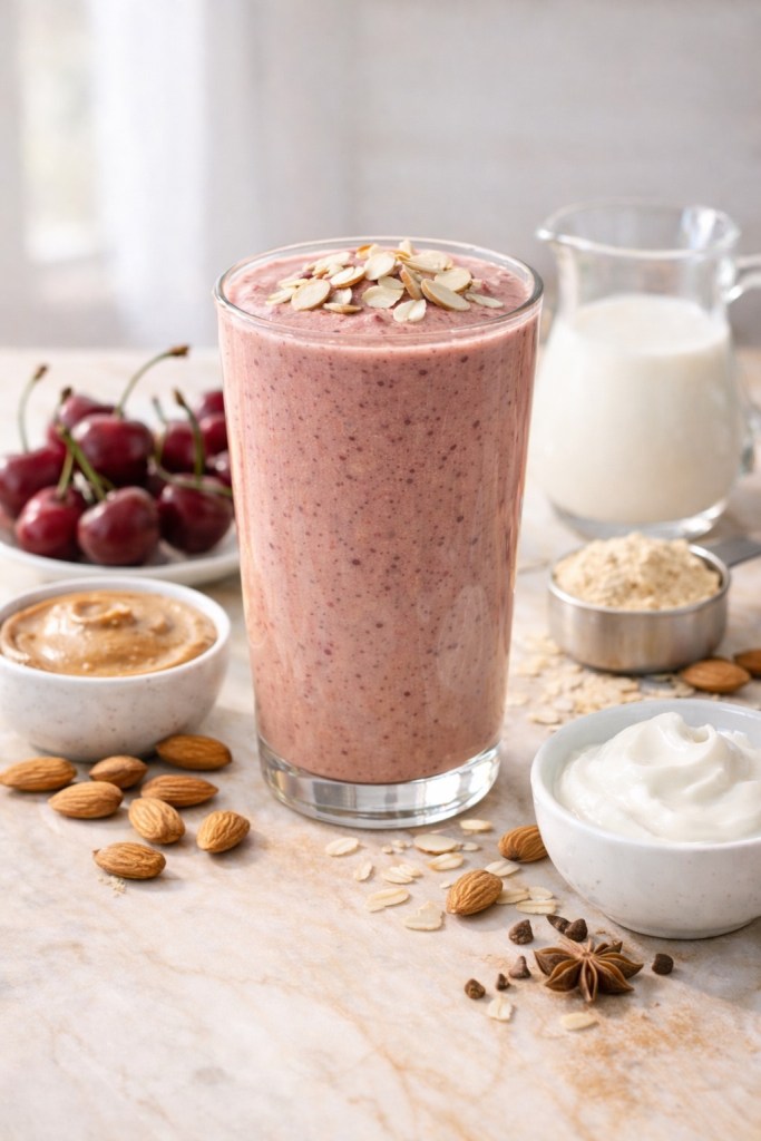 Pink cherry almond protein smoothie in a tall glass, garnished with sliced almonds, surrounded by fresh cherries, almond butter, whole almonds, oats, yogurt, and almond milk.