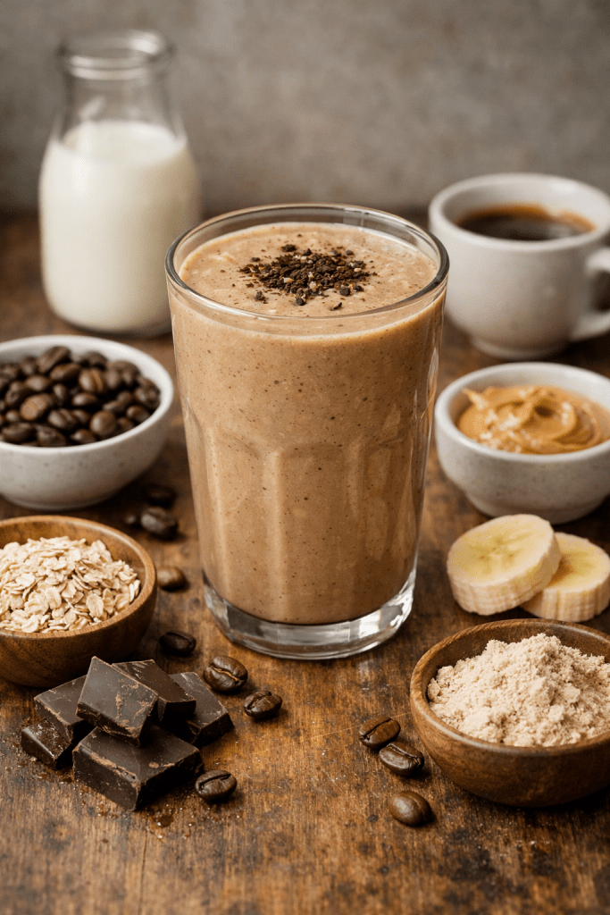 Creamy coffee morning smoothie in a tall, clear glass, surrounded by coffee beans, banana slices, oats, and almond milk on a bright marble surface.