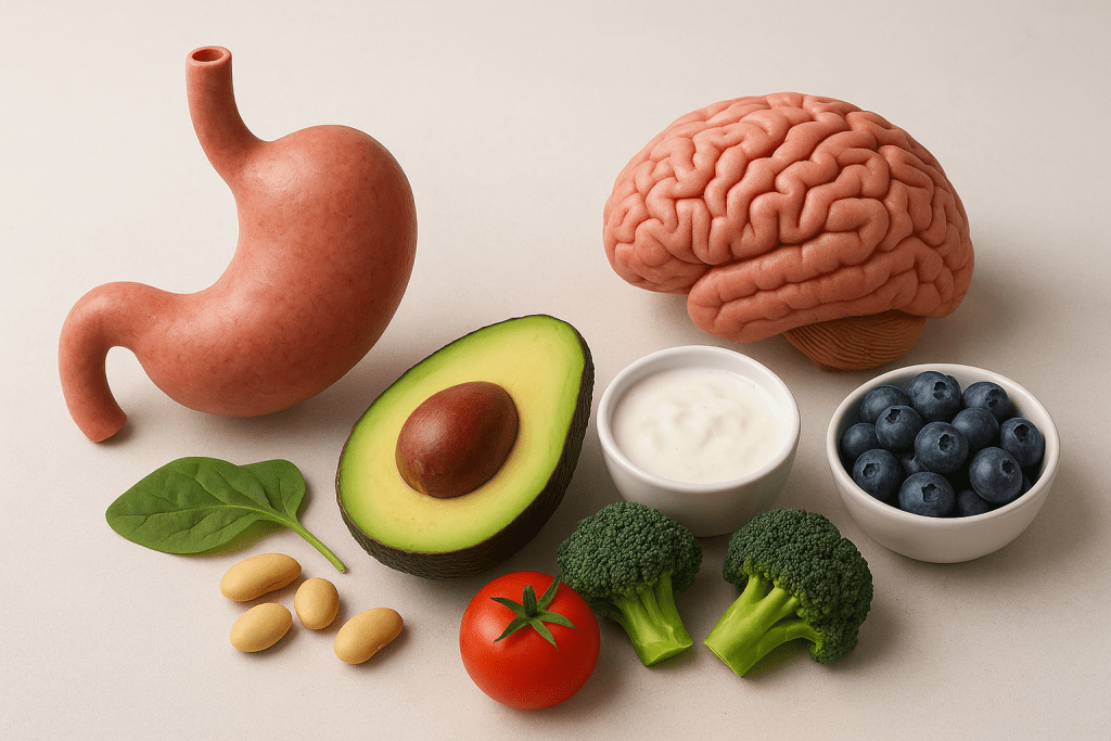 Hyper-realistic medical still life showing a stomach model, brain model, and gut-healthy foods such as avocado, broccoli, blueberries, tomato, spinach, beans, and yogurt arranged on a neutral surface.