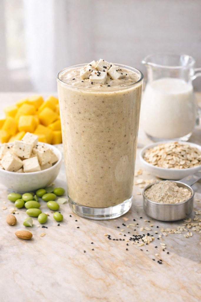 Lean Tofu protein smoothie in a clear glass, with tofu cubes on top, styled alongside mango pieces, oats, edamame, protein powder and almond milk.