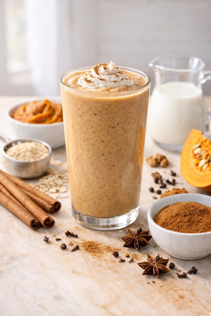 Pumpkin spice protein smoothie in a tall, clear glass topped with whipped cream, surrounded by pumpkin puree, cinnamon sticks, spices, oats, and almond milk.