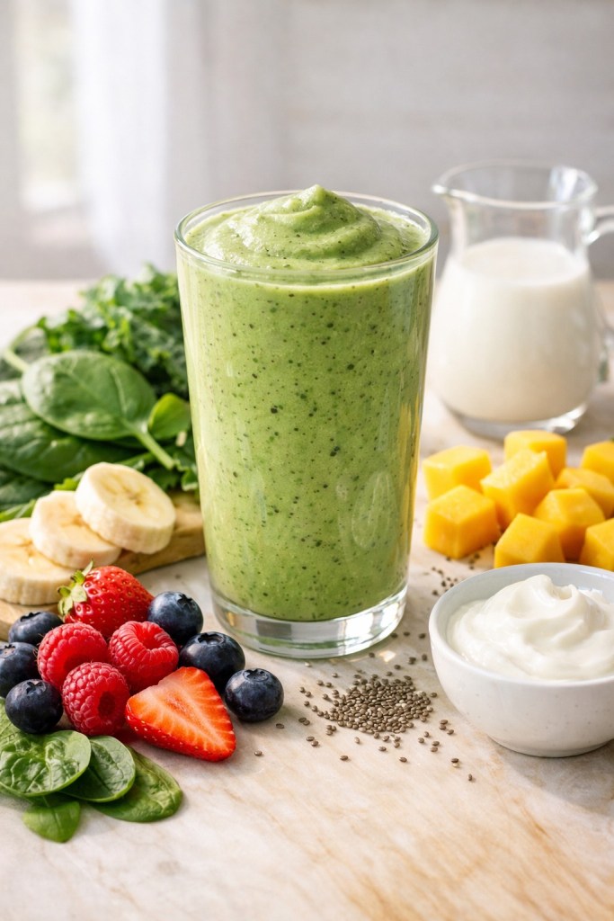 Vibrant green smoothie in a clear glass, surrounded by fresh berries, bananas, chia seeds, kale, and almond milk on a marble surface.