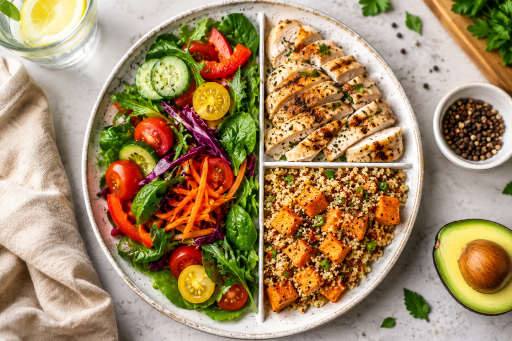 Overhead view of a balanced plate featuring colorful vegetables, grilled chicken, quinoa, and sweet potatoes, demonstrating healthy portion control and balanced nutrition.